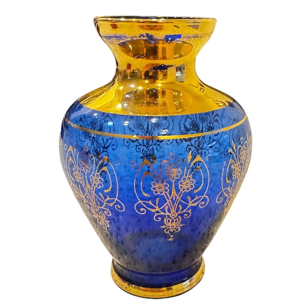 Vintage Cobalt Blue‎ Glass Vase with Gold Encrusted Floral Filigree 5.25in - Picture 7 of 10